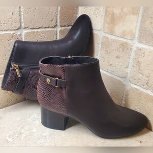 Anne Klein NWOT Hilda 9M Dark Brown Leather & Textile Snake Skin Ankle Booties